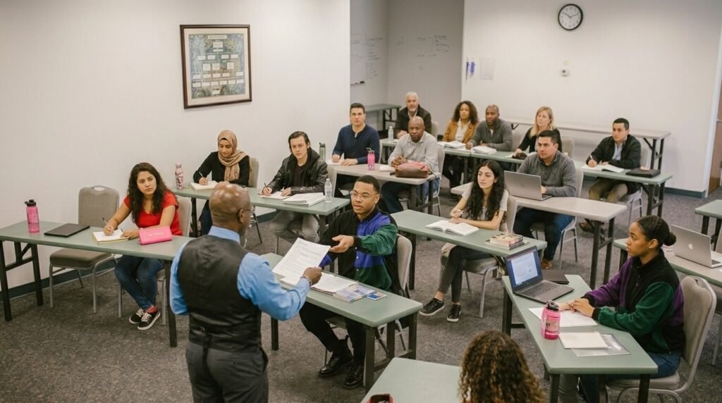written cpr test being taken in a classroom