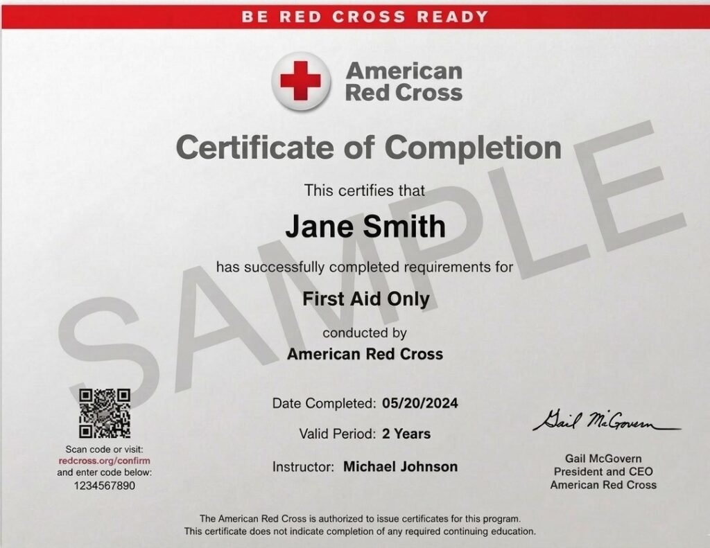 red cross first aid certificate from first aid class